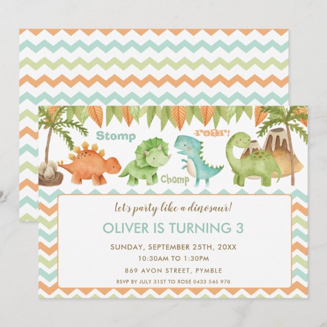 Chic Watercolor Cute Dinosaur Boy Girl Birthday Invitation (Front/Back)