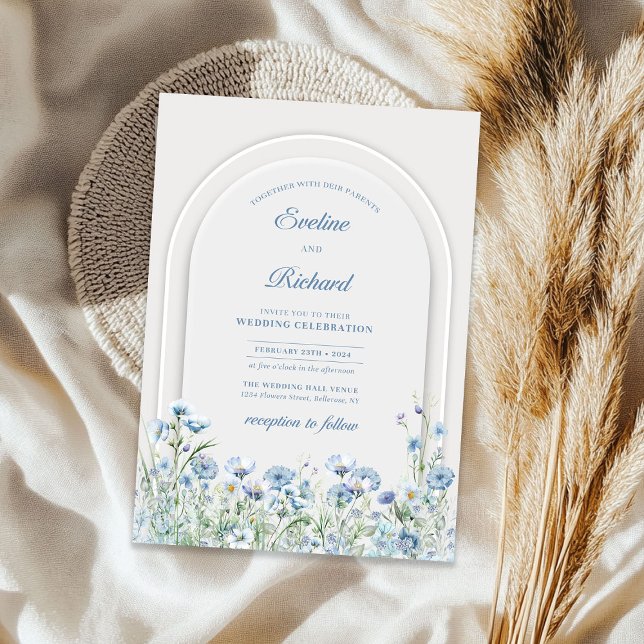 Chic watercolor dusty blue wild flowers boho arch invitation (Chic watercolor dusty blue wild flowers boho arch invitation)