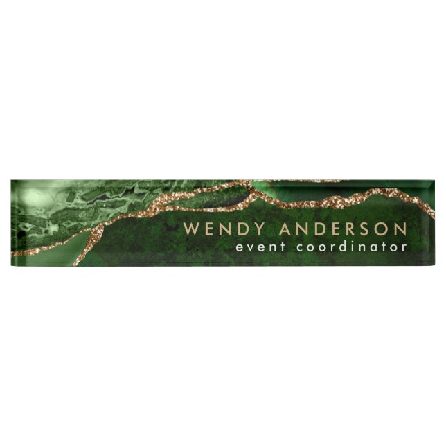 Chic Watercolor Emerald Green Gold Glitter Agate Nameplate (Front)