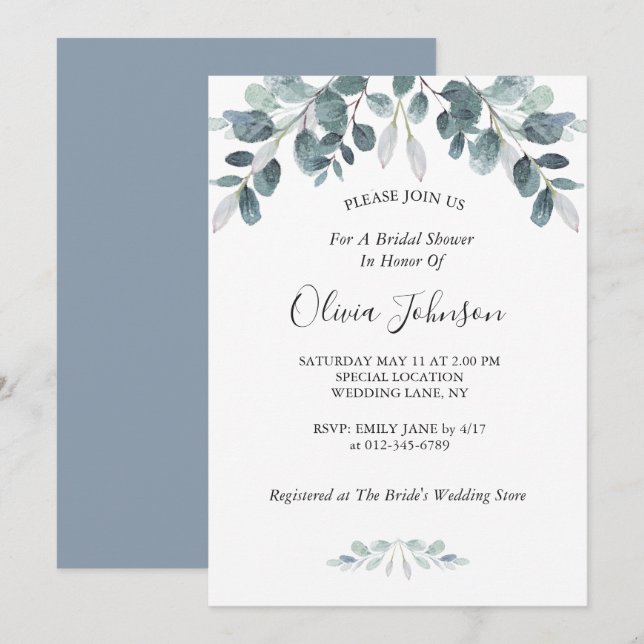 Chic Watercolor Eucalyptus Bloom Bridal Shower Invitation (Front/Back)