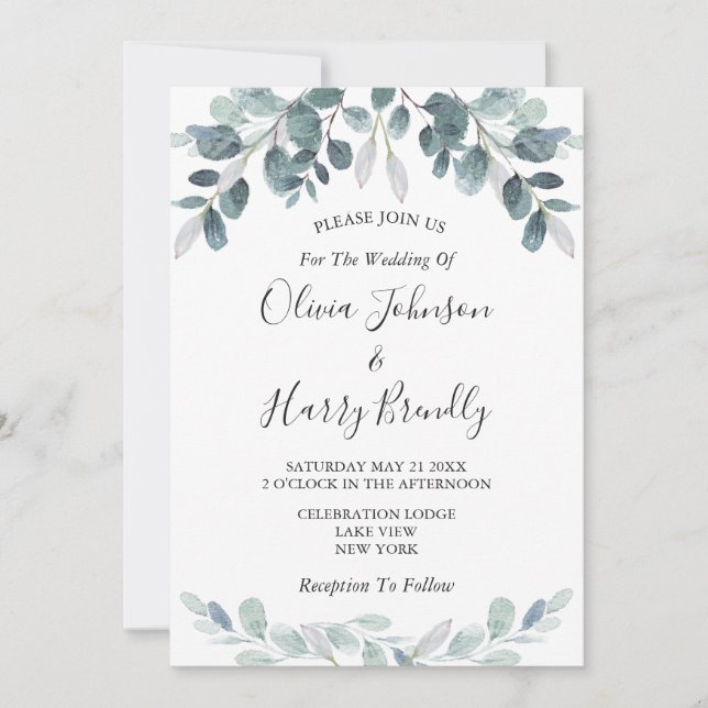 Chic Watercolor Eucalyptus Bloom Wedding Invitation (Front)