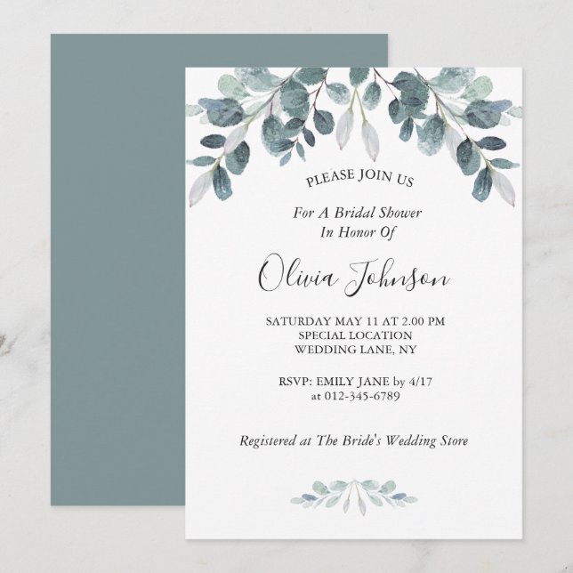 Chic Watercolor Eucalytus Bloom Bridal Shower Invitation (Front/Back)