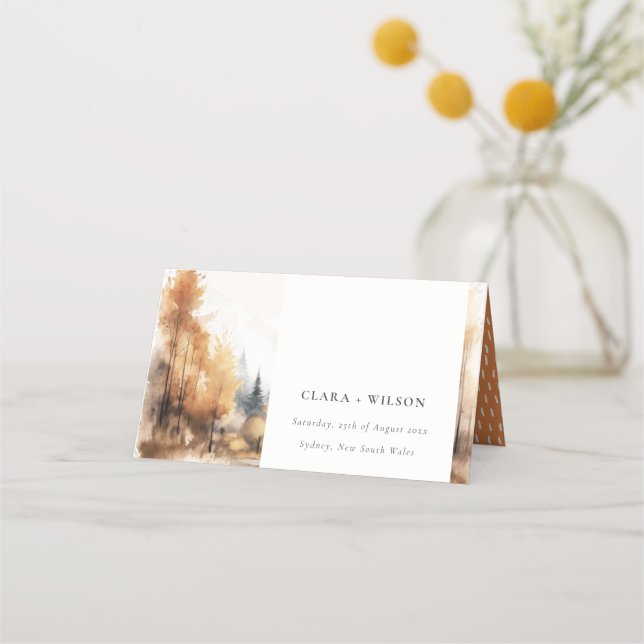 Chic Watercolor Fall Autumn Landscape Wedding Place Card (Front)