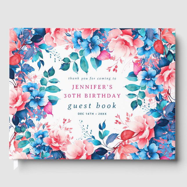 Chic Watercolor Floral 30th Birthday Guest Book (Front)