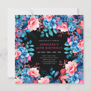 Chic Watercolor Floral 40th Birthday Black Invitation