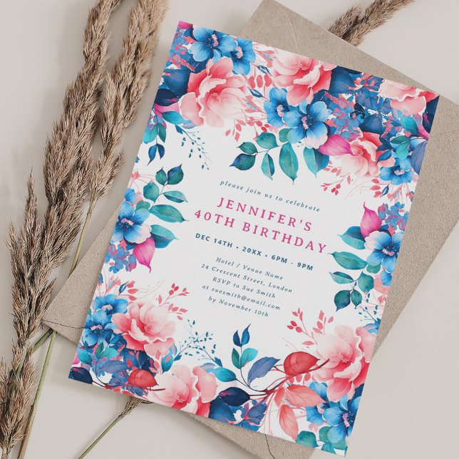 Chic Watercolor Floral 40th Birthday  Invitation (Chic Watercolor Floral 40th Birthday Invitation)