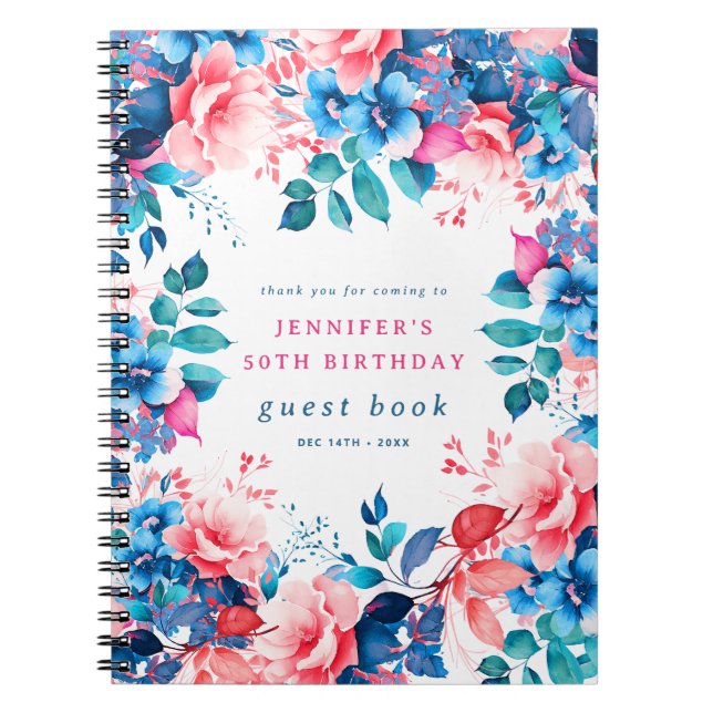 Chic Watercolor Floral 50th Birthday Guest Book (Front)