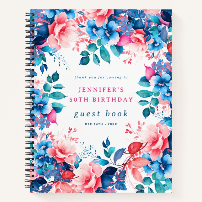 Chic Watercolor Floral 50th Birthday Guest Book (Front)
