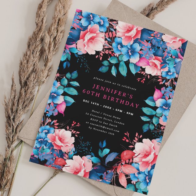 Chic Watercolor Floral 60th Birthday Black Invitation (Chic Watercolor Floral 60th Birthday Black Invitation)