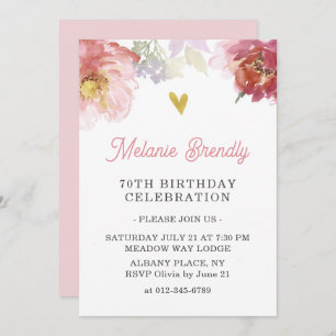Chic Watercolor Floral 70th Birthday Party Invite 