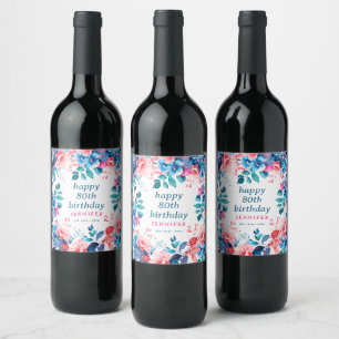 Chic Watercolor Floral 80th Happy Birthday  Wine Label