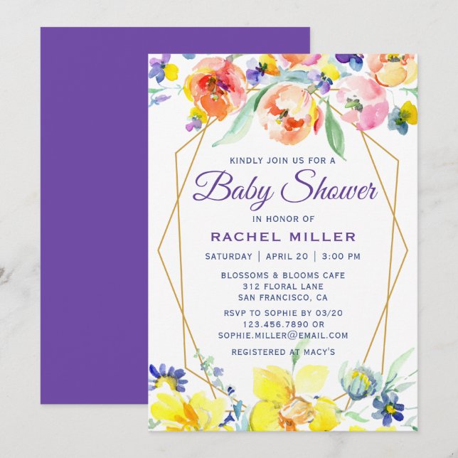 Chic Watercolor Floral Baby Shower Invitations (Front/Back)
