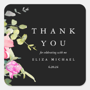 Chic Watercolor Floral Baby Shower Thank You Black Square Sticker
