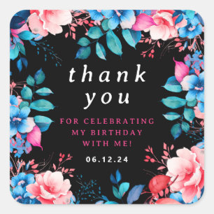 Chic Watercolor Floral Birthday Thank You Black  Square Sticker
