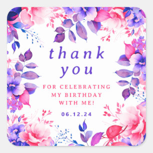 Chic Watercolor Floral Birthday Thank You Purple Square Sticker