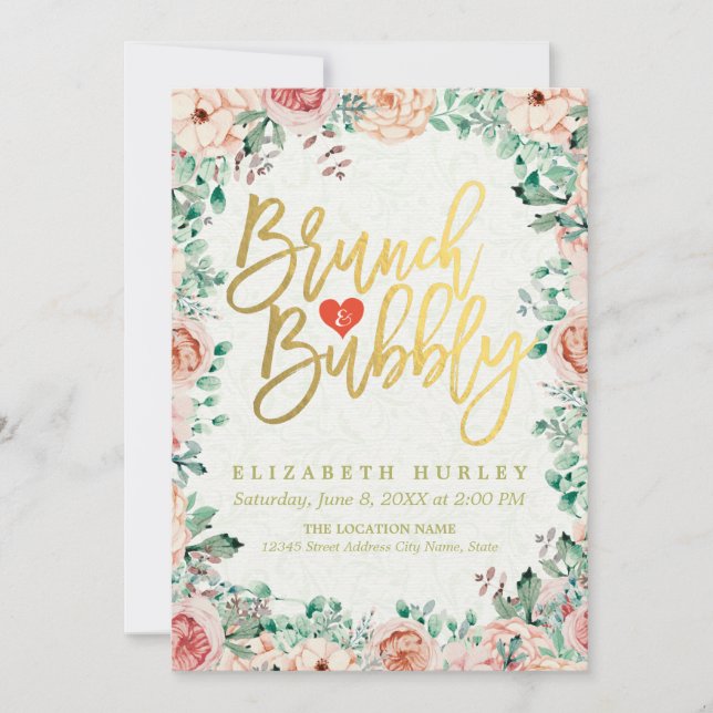 Chic Watercolor Floral Brunch Bubbly Bridal Shower Invitation (Front)