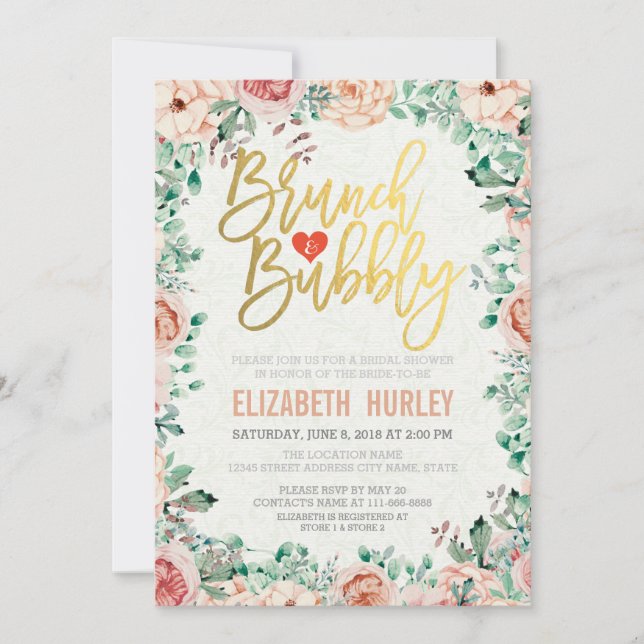 Chic Watercolor Floral Brunch Bubbly Bridal Shower Invitation (Front)