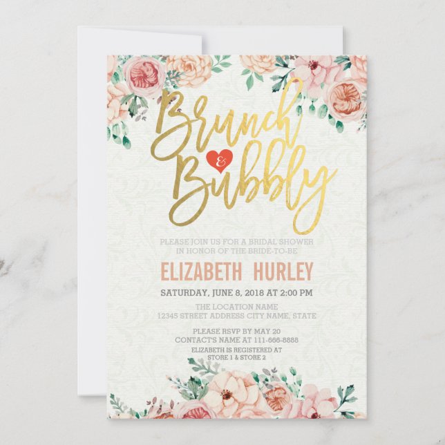 Chic Watercolor Floral Brunch Bubbly Bridal Shower Invitation (Front)