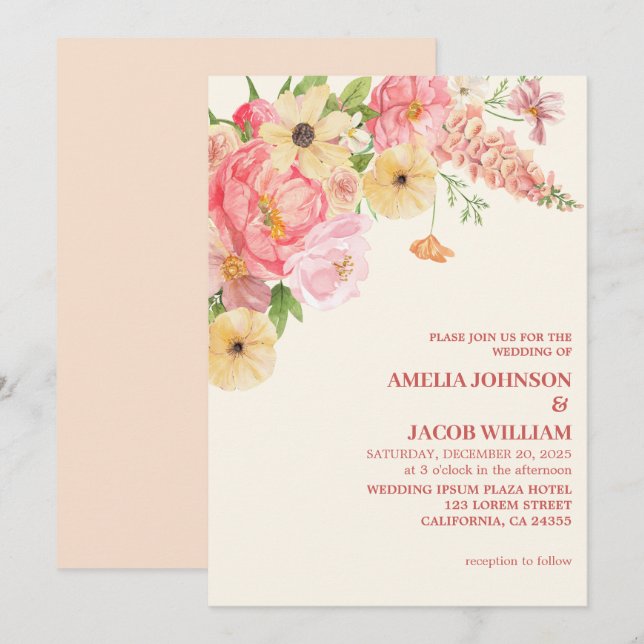 Chic Watercolor floral butter yellow peach Wedding Invitation (Front/Back)