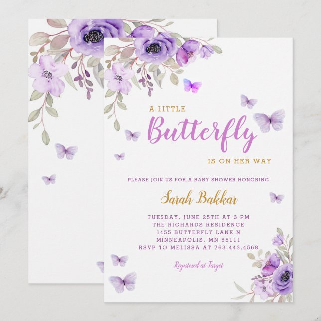 Chic Watercolor Floral Butterfly Girl Baby Shower  Invitation (Front/Back)