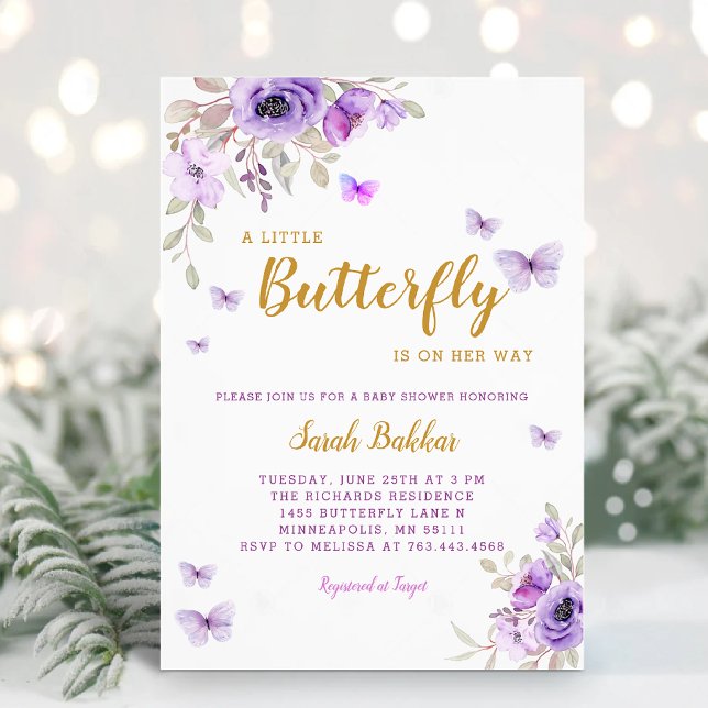 Chic Watercolor Floral Butterfly Girl Baby Shower Invitation (Creator Uploaded)