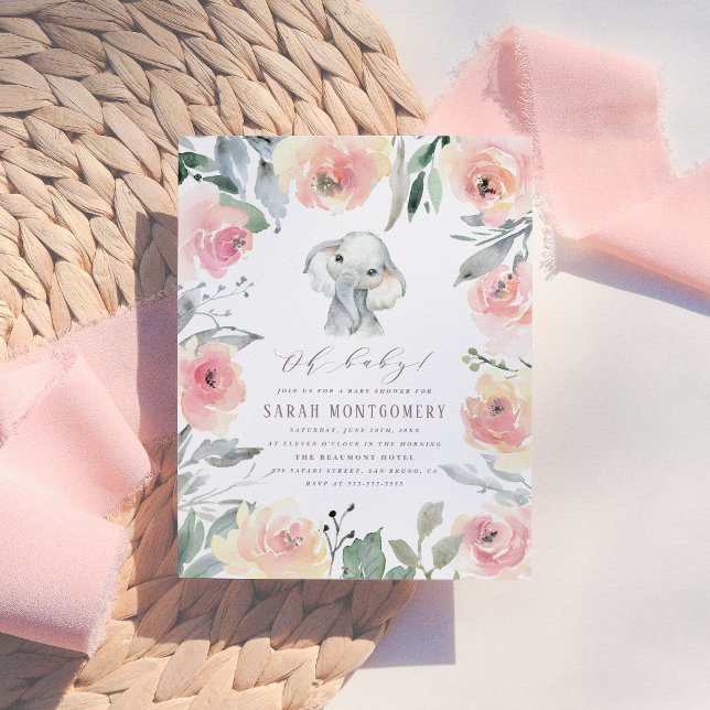 Chic Watercolor Floral Elephant Baby Girl Shower Invitation Postcard (Creator Uploaded)