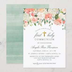 Chic Watercolor Floral Girl's First Holy Communion Invitation