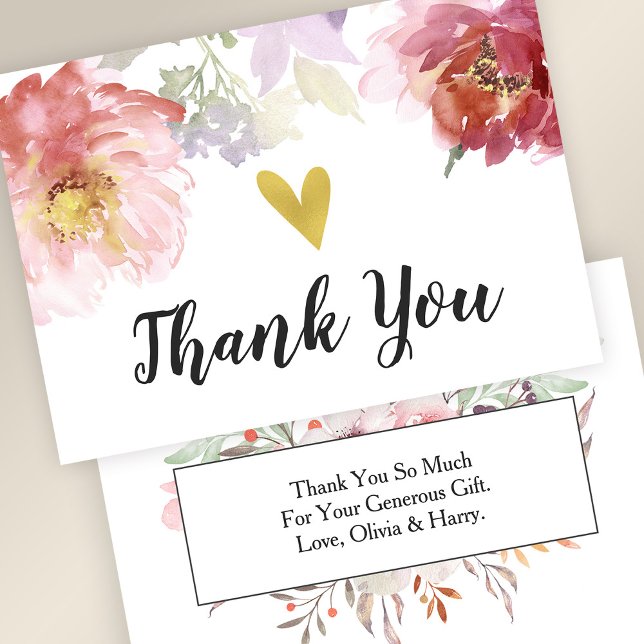 Chic Watercolor Floral Gold Heart Thank You Card (Stylishly Personalize with Your Custom Message on the Reverse Side of the Card.)