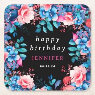 Chic Watercolor Floral Happy Birthday Black Square Paper Coaster