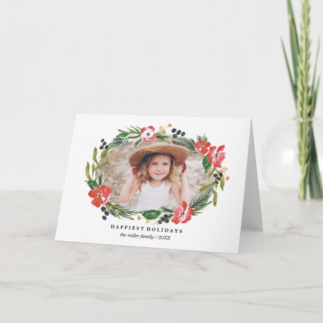 Chic Watercolor Floral Holiday Photo (Front)