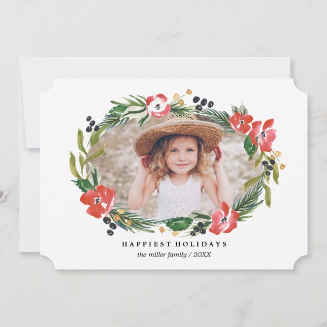 Chic Watercolor Floral Holiday Photo (Front)