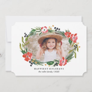 Chic Watercolor Floral Holiday Photo Card