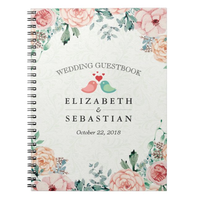 Chic Watercolor Floral Love Birds Couple Guestbook Notebook (Front)
