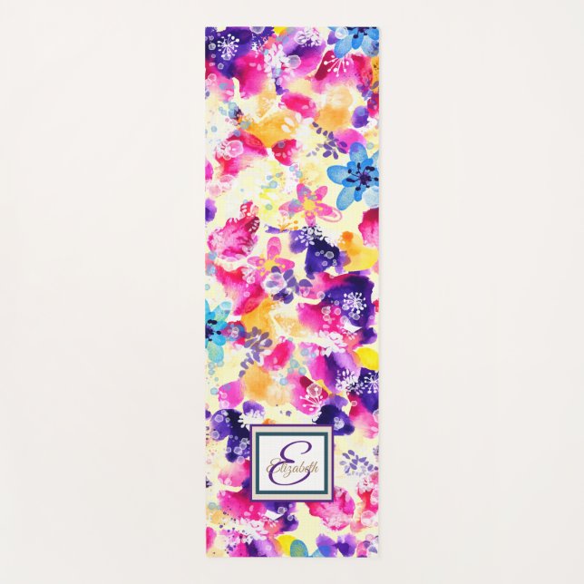 Chic Watercolor Floral Monogram Yoga Mat (Front)