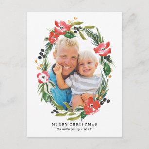 Chic Watercolor Floral Oval Holiday Photo Postcard