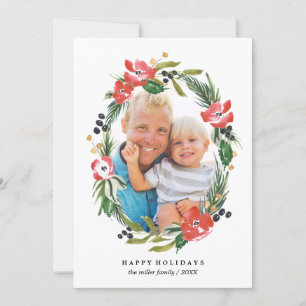 Chic Watercolor Floral Oval Photo Christmas Holiday Card
