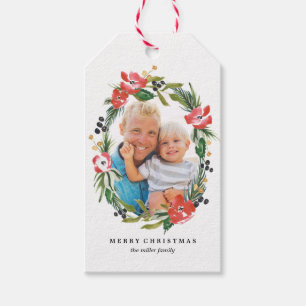 Chic Watercolor Floral Oval Photo Holiday Gift Tag