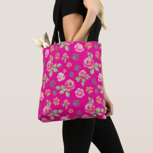 Chic Watercolor Floral & Paw Print Tote Bag