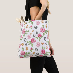 Chic Watercolor Floral & Paw Print Tote Bag