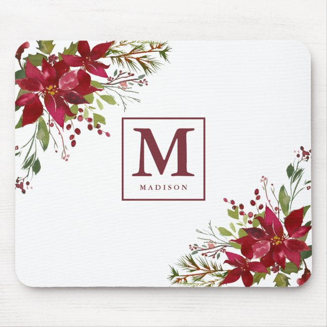 Chic Watercolor Floral Poinsettia Monogram Mouse Mat (Front)