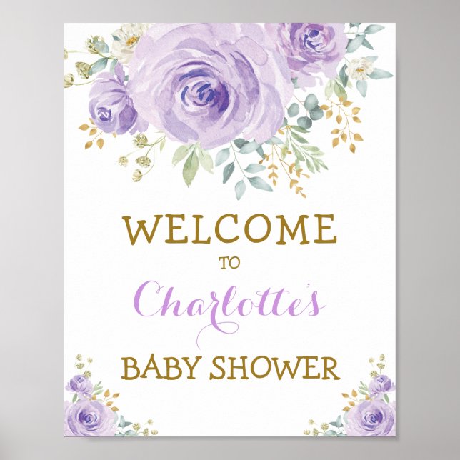 Chic Watercolor Floral Purple Gold Baby Shower Poster (Front)