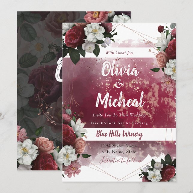 Chic Watercolor Floral Red Burgundy theme invite (Front/Back)