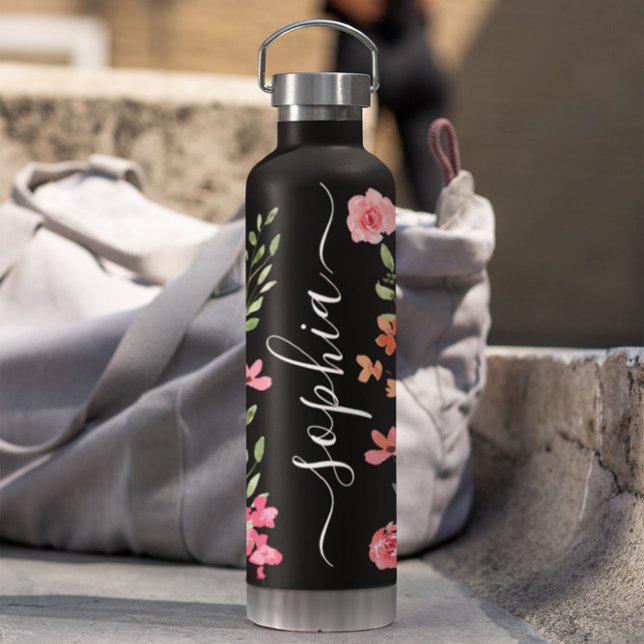 Chic Watercolor floral Script Personalised Water Bottle (Chic watercolor boho florals on black personalized water bottle.)
