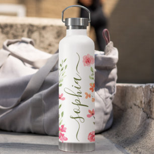 Chic Watercolor floral Script Personalised Water Bottle