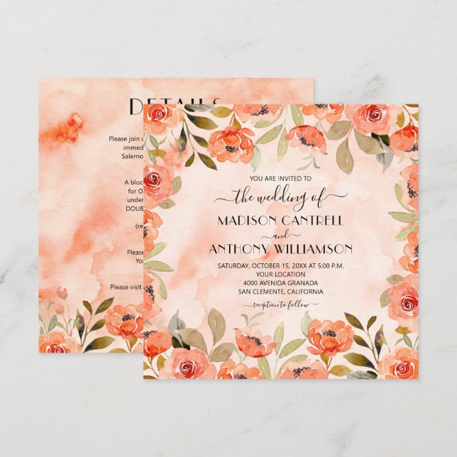 Chic Watercolor Floral Wedding All In One Invites (Front/Back)