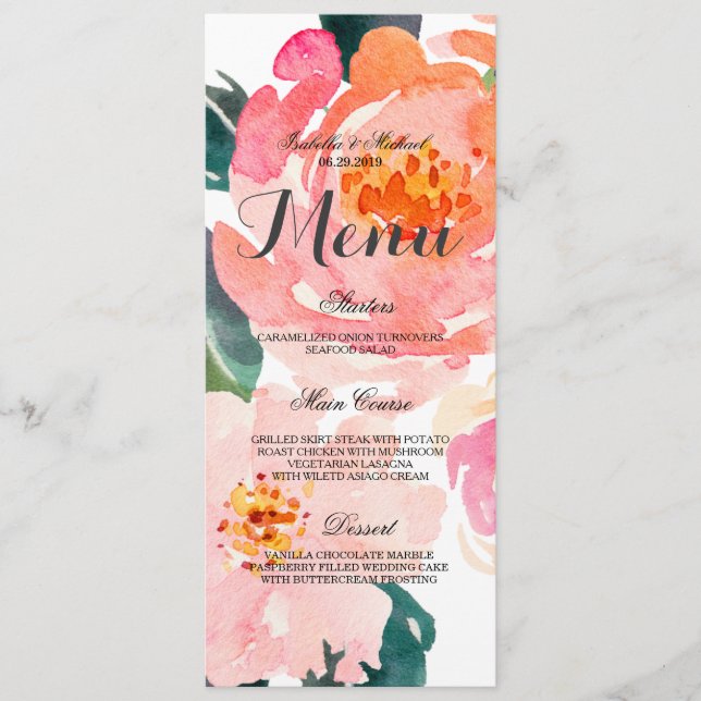 Chic Watercolor Floral Wedding Menu (Front)