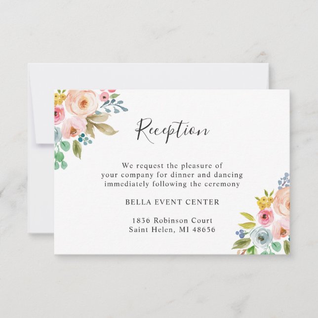Chic Watercolor Floral Wedding Reception Details Invitation (Front)