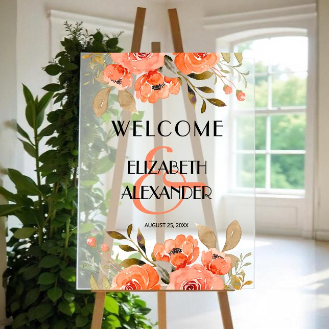 Chic Watercolor Floral Wedding Welcome Acrylic Sign (Chic watercolor orange floral wedding Welcome acrylic sign)