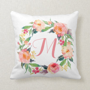 Chic Watercolor Floral Wreath Monogrammed Cushion