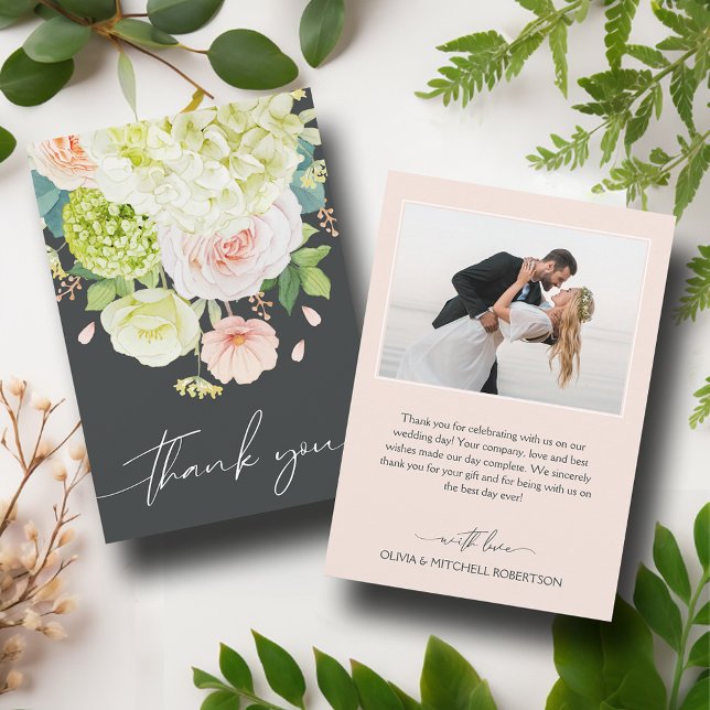 Chic Watercolor Florals Wedding Photo Thank You Card (Chic Watercolor Florals Wedding Photo Thank You Cards)